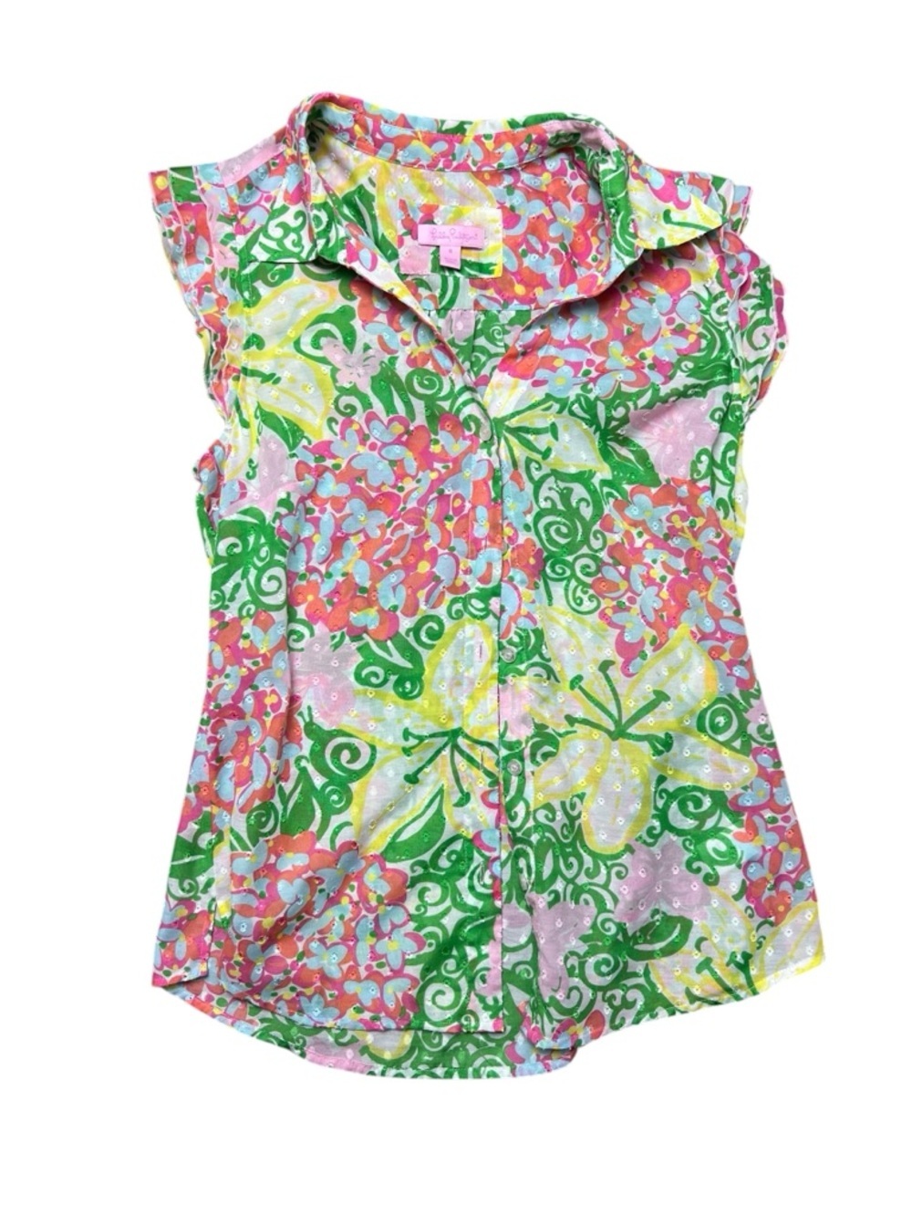 Lilly Pulitzer Multicolored Floral Light Blouse Cap Sleeve Size 6 Button Front